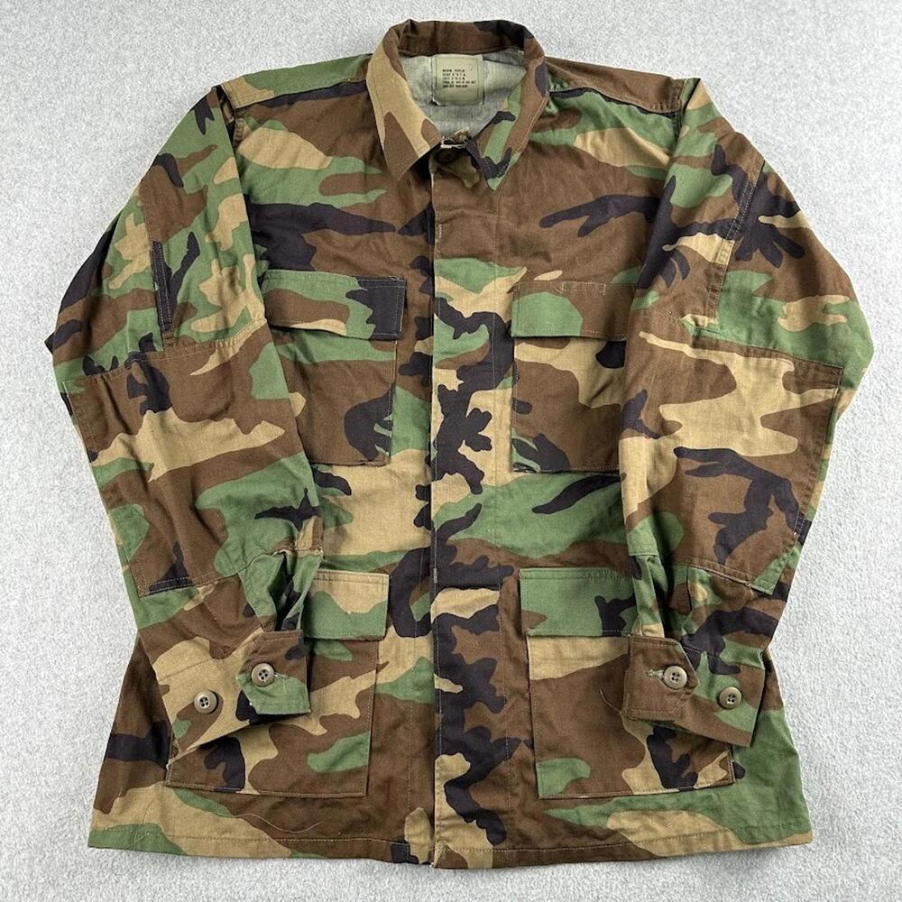 US Military Camo Jacket Shirt Men Medium Green Brown Woodland Combat‎ Button BDU
